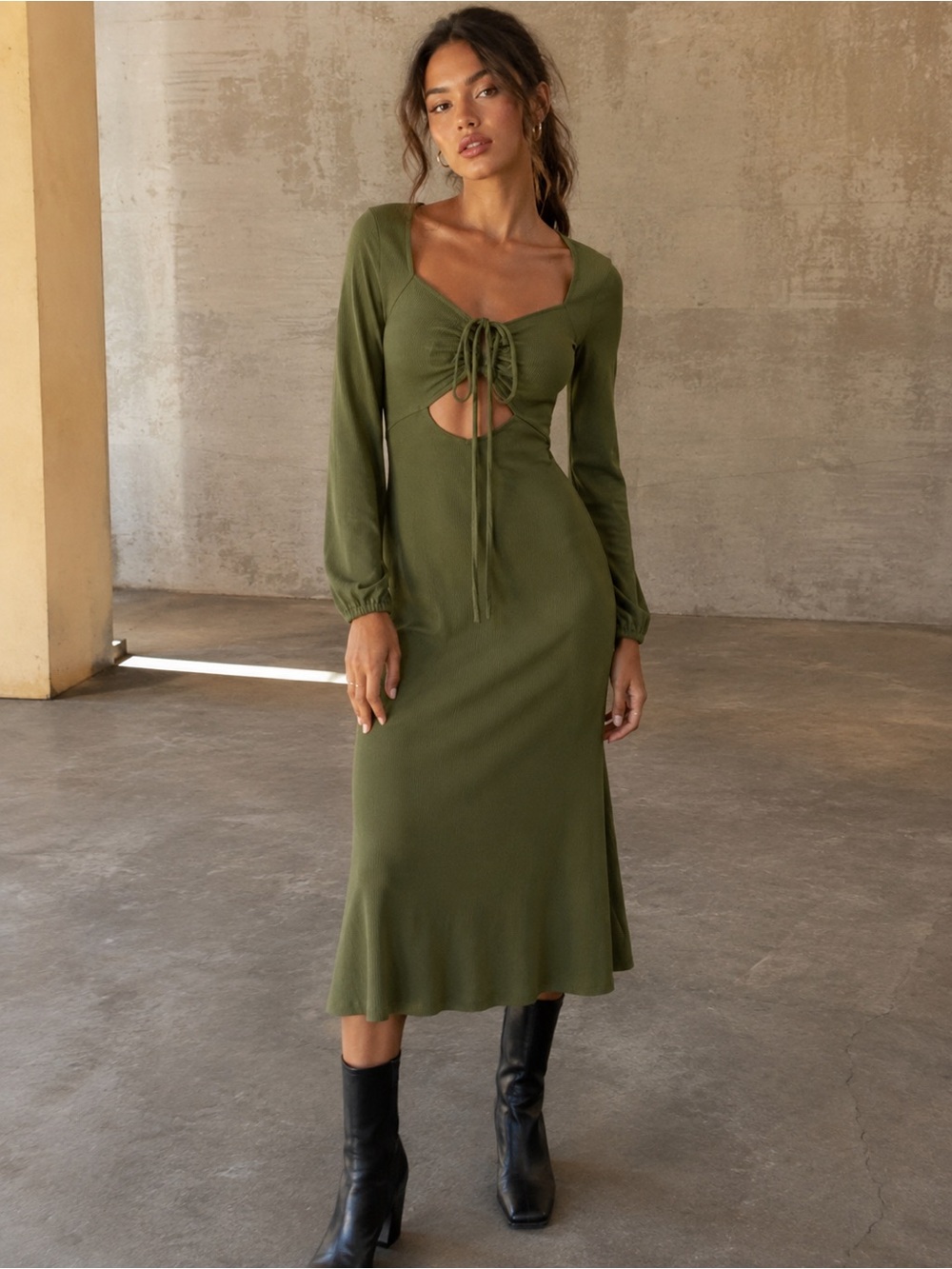 Topshop Olive Ribbed Cutout Midi Dress Long Sleeve Size Small US 2